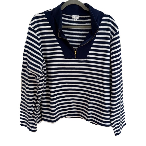 J. Crew Tops - J Crew Striped‎ Quarter Zip Fleece Sweatshirt Navy White XXL Nautical Classic